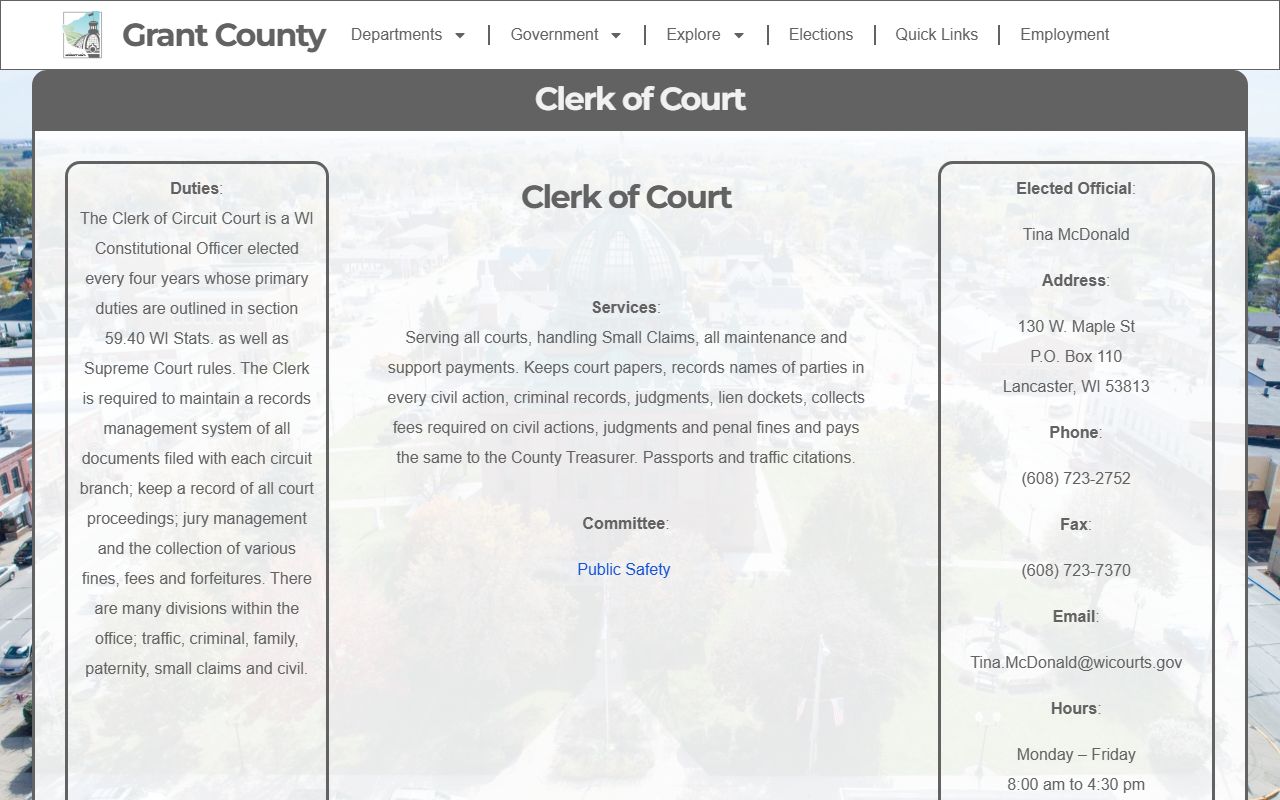 Grant County Clerk of Court page with criminal-record duties and contact details