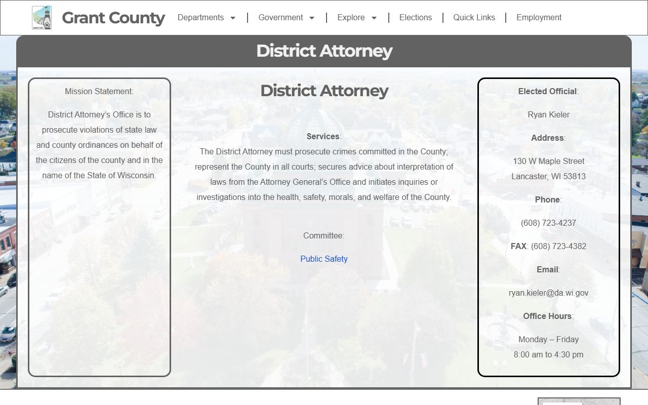 Grant County District Attorney page with Ryan Kieler, contact information, and prosecutor duties