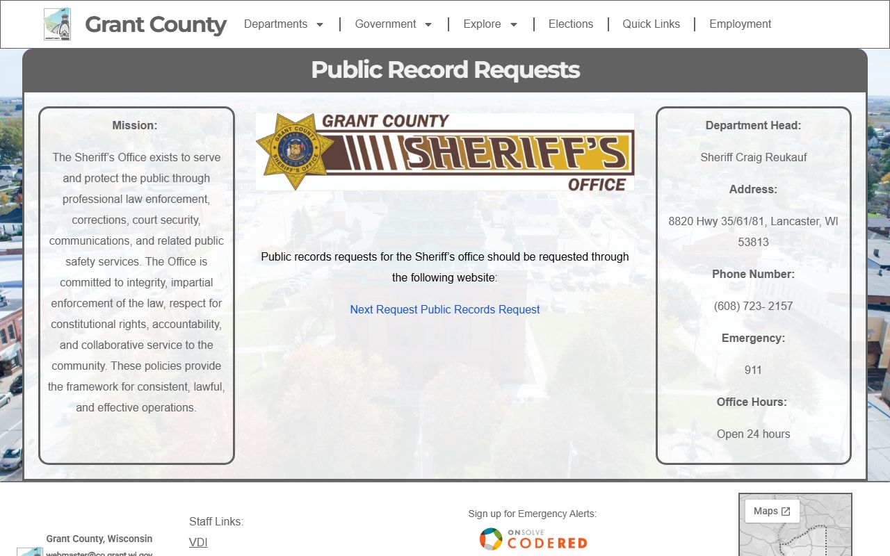 Grant County Sheriff's public-record request page linking to NextRequest