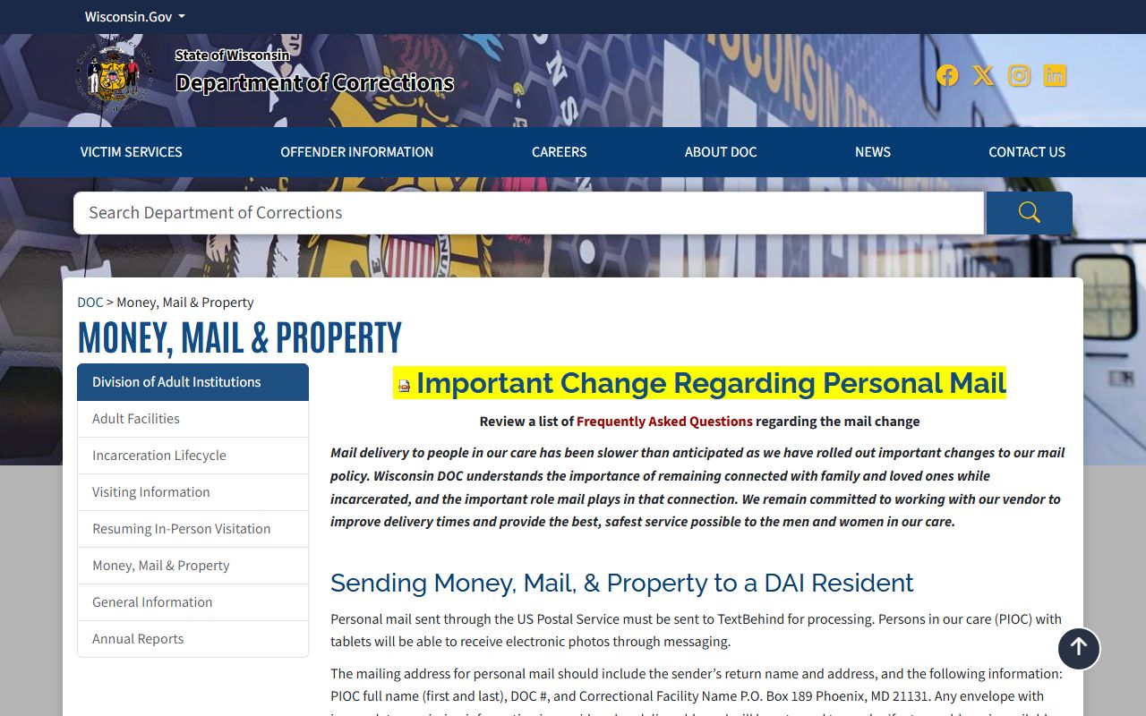 Wisconsin DOC money mail and property rules page