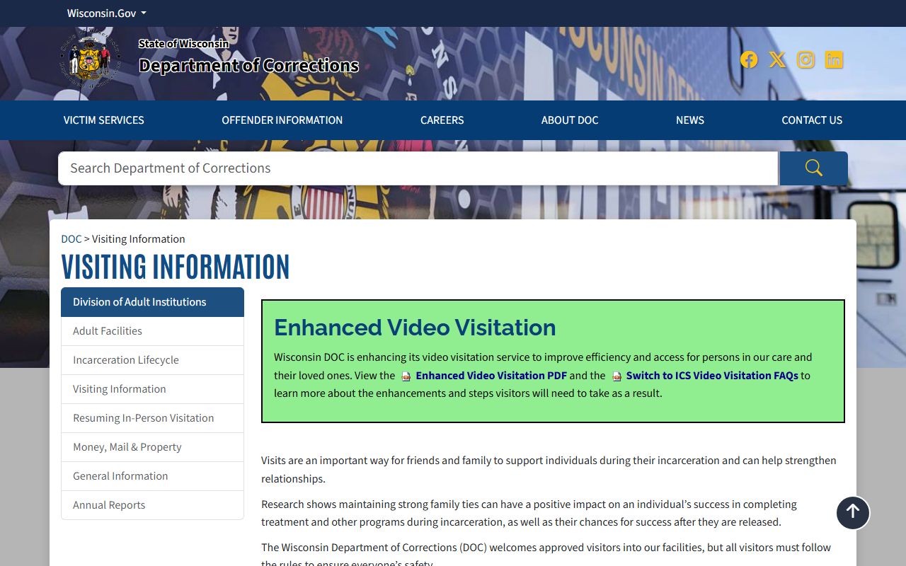 Wisconsin DOC visiting rules page for adult institutions
