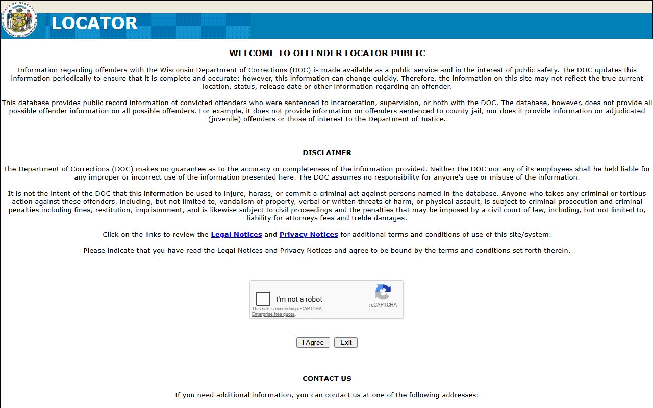 Grant County inmate population Wisconsin DOC locator search screen