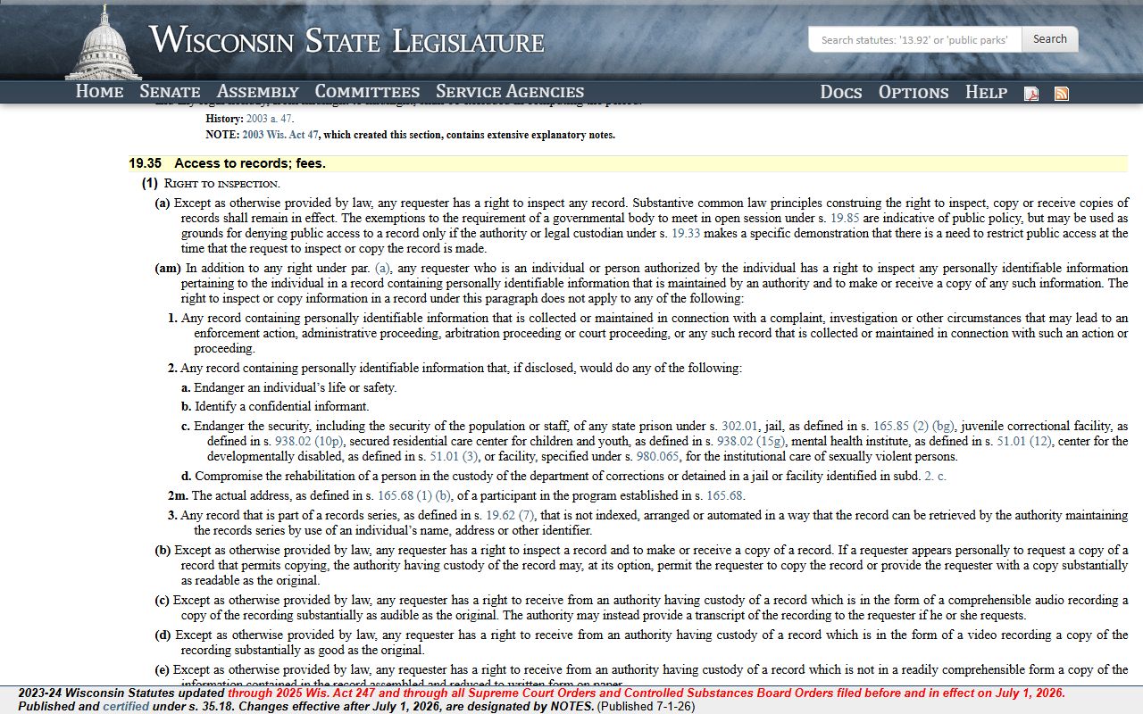 Wisconsin Statute 19.35 access-to-records page